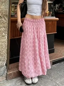 Elegant Floral Long Dress, Geometric Pattern Print Vintage Bohemian Boho Style, Elastic Waist Flattering Fit, Large Skirt Swingy, Perfect for Daily Commute & Dates, Bottoms, Womenswear
