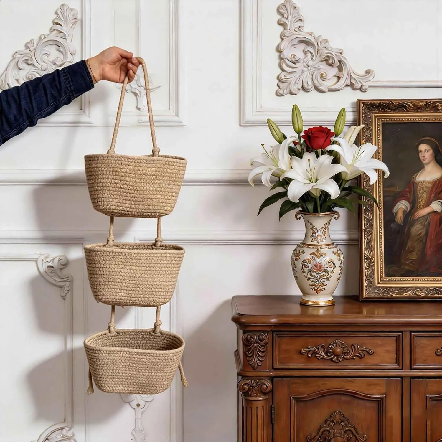 3-Tier Cotton Rope Hanging Basket - Compact Wall-Mounted Woven Storage Organizer, Over the Door Boho Decor for Nursery, Bedroom