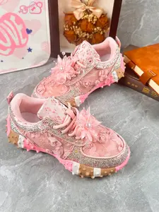 Women's Thick Sole Platform Sneakers, Trainer, Floral Rhinestone Design, Hand-Embedded Gems, Fashionable Luxury Casual Shoes, All Seasons