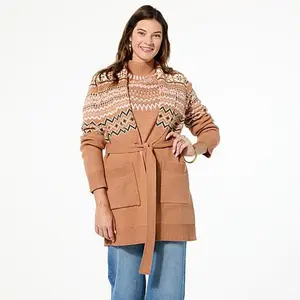 TWRHLL by Christie Brinkley Fair Isle Sweater Knit Belted Coatigan