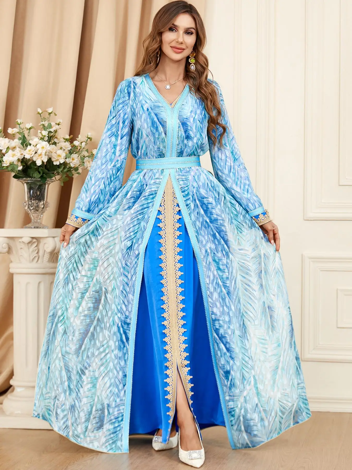Women's Leaf Print Belted Abaya & Contrast Binding Split Arabian Dress Set, Elegant V Neck Long Dress & Cover Up, Islamic Clothing for Formal Occasion