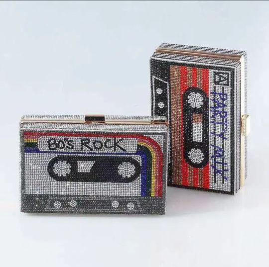Retro Rhinestone Cassette Tape Design Evening Bag Party Mix Perfect for Night Out or Gift 20s Rock & Party Mix Styles