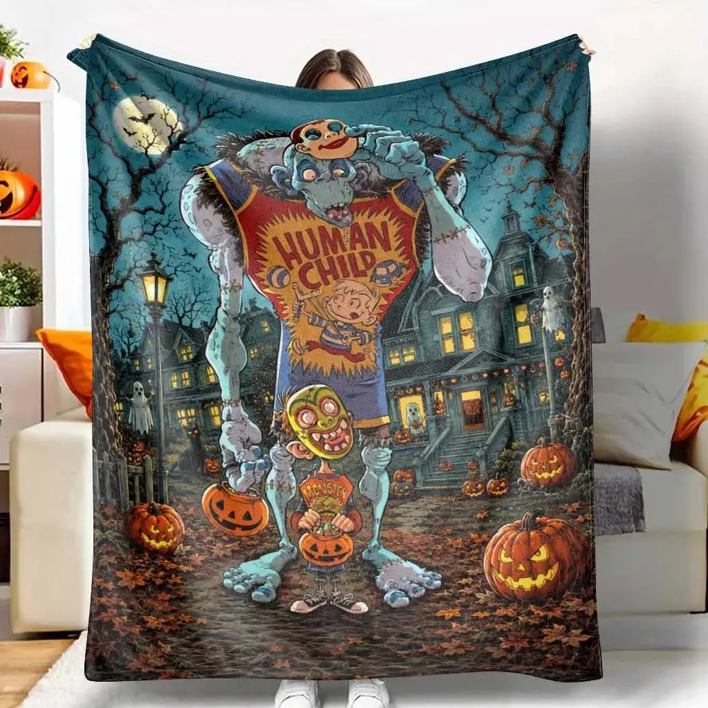 Halloween Monster Costume Flannel Blanket Cartoon Pumpkin Ghost Print Cozy Soft Warm Decorative Throw Blanket Perfect for Home Living Room Bedroom Halloween Party Holiday Gift Seasonal Decoration