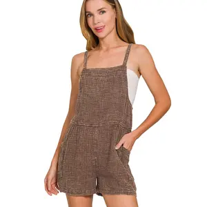 Zenana Washed Double Gauze Tie Back Rompers