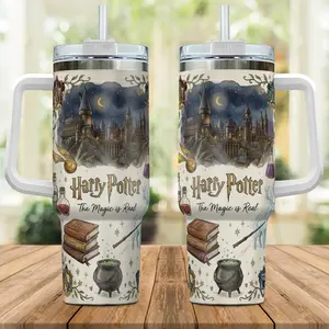 Magic Is Real Tumbler 40oz with Handle, Potter Wizard School Inspired Design, Fantasy Magic Travel Mug with Straw, Gift for Fantasy Fans