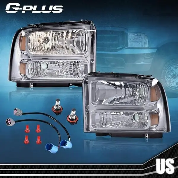 G-PLUS 1-Piece Complete Set of Headlights Assembly with Smoke Lens, New H13 Bulbs, Vehicle-Specific Fit for 1999-2004 Ford Super Duty F-250/F-350 Trucks, Car Lights for Light Conversion & Show Upgrade, Pair