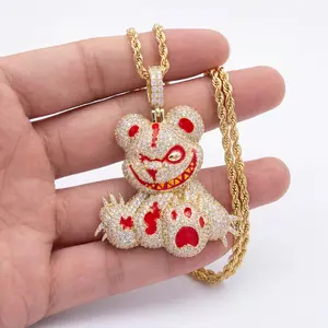 Iced Out Evil Teddy Bear Pendant Necklace, Savage Bloody Bear Mascot CZ Hip Hop Jewelry, Edgy Y2K Street Luxury Drip with Rope Chain
