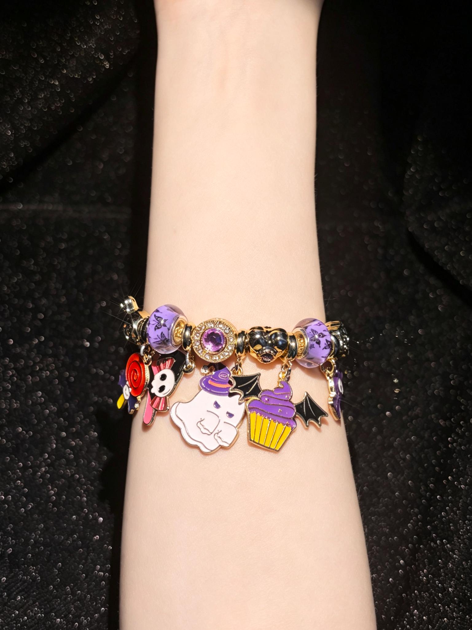 Halloween Multi-Charm Enamel Snake Chain Bracelet, Decorated with Ghost, Bat, Cupcake, Candy, Skull, Stackable Fashion Costume Jewelry Gift for Holiday Occasions