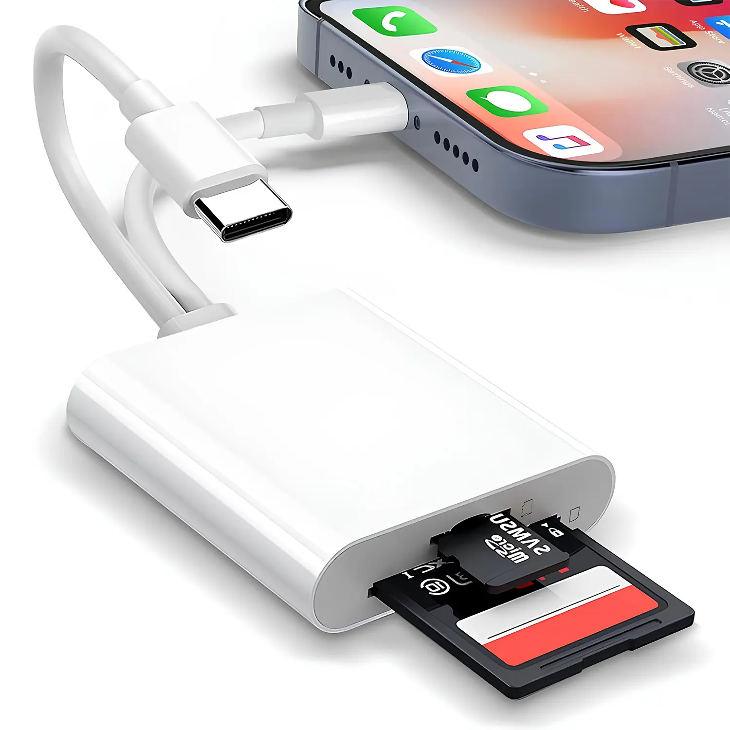 2 In 1 SD Card Reader,Portable Type-C USB-L Adapter with SD MicroSD Dual Slots for iPhone 15 16 17 Pro Max  iPad Mac MacBook Laptop, USB-C/TypeC High-Speed Trail Camera Memory Card Reader, Plug & Play
