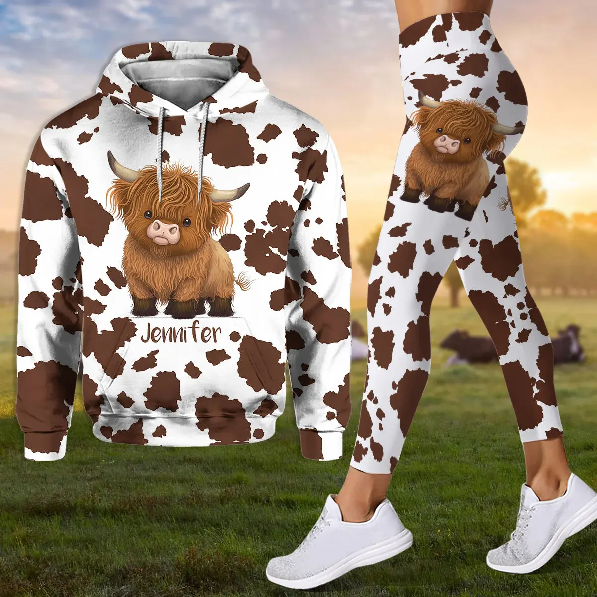 Just A Girl Who Loves Highland Cow Personalized Hoodie and Legging Set, 3D Cow Print Combo Outfit for Women Casual Wear Sportswear