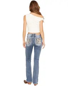 Miss Me Women's Medium Wash Mid Rise Fleur De Lis Pocket Bootcut Stretch Denim - M9618bv