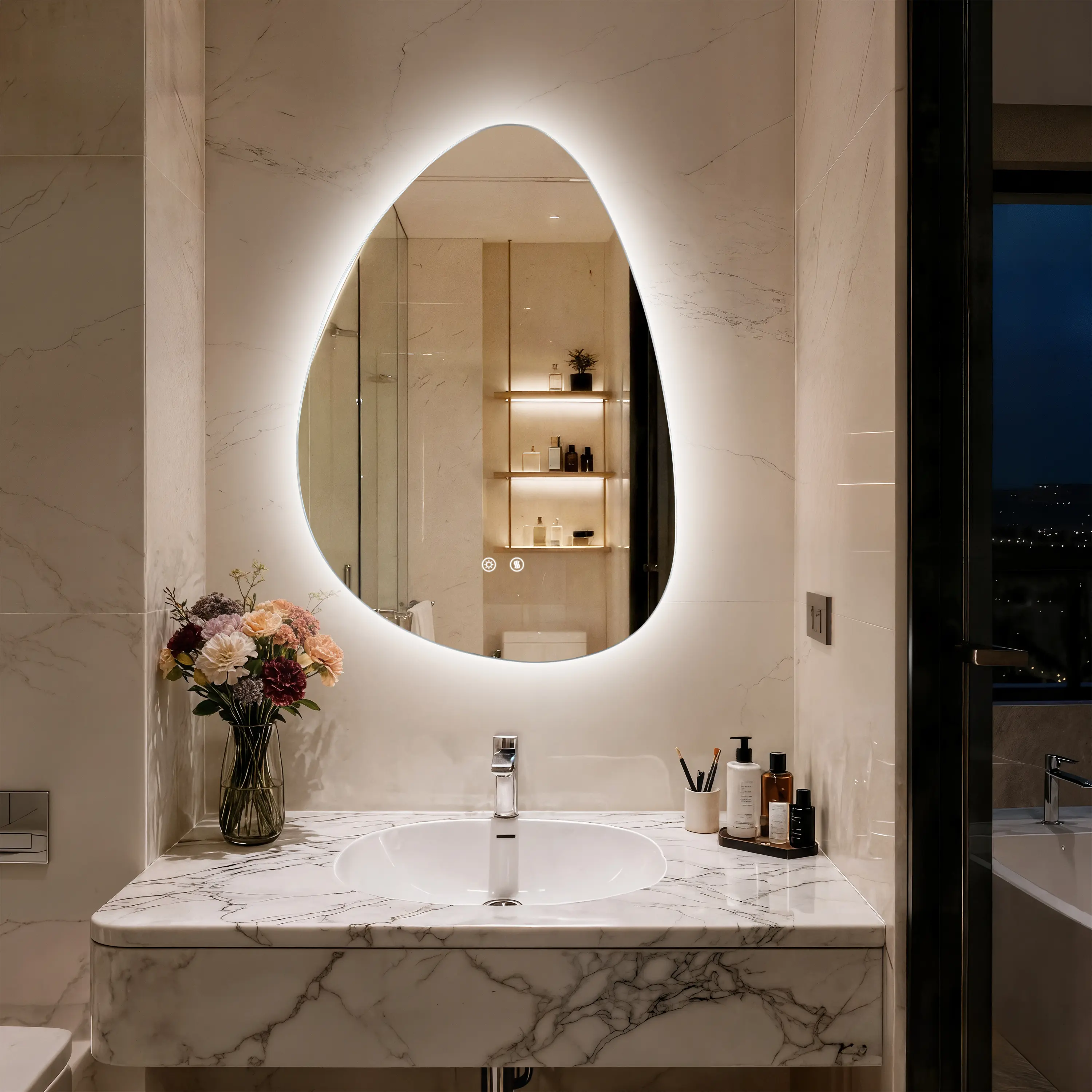 Illuminated Organic Irregular Pebble Wall-Mounted Bathroom Mirror, Touch Dimmable LED Modern Mirror with CRI95+ Clarity