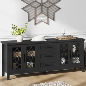 GAOMON Farmhouse TV Stand with Glass Door for 70 Inch Tv, Mid-Century TV Stand with 2 Storage Door & 3 Drawer, Modern Rustic Entertainment Center, Television Stands for Living Room Bedroom