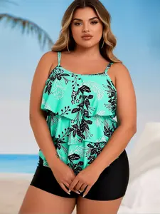 2026 Summer Plus Size Tropical Print Layered Bandeau Bikini Set with Ruffled Spaghetti Strap Top and High-Waisted Shorts, Two-Piece Swimsuit for Beach & Pool Vacation with Tummy Control