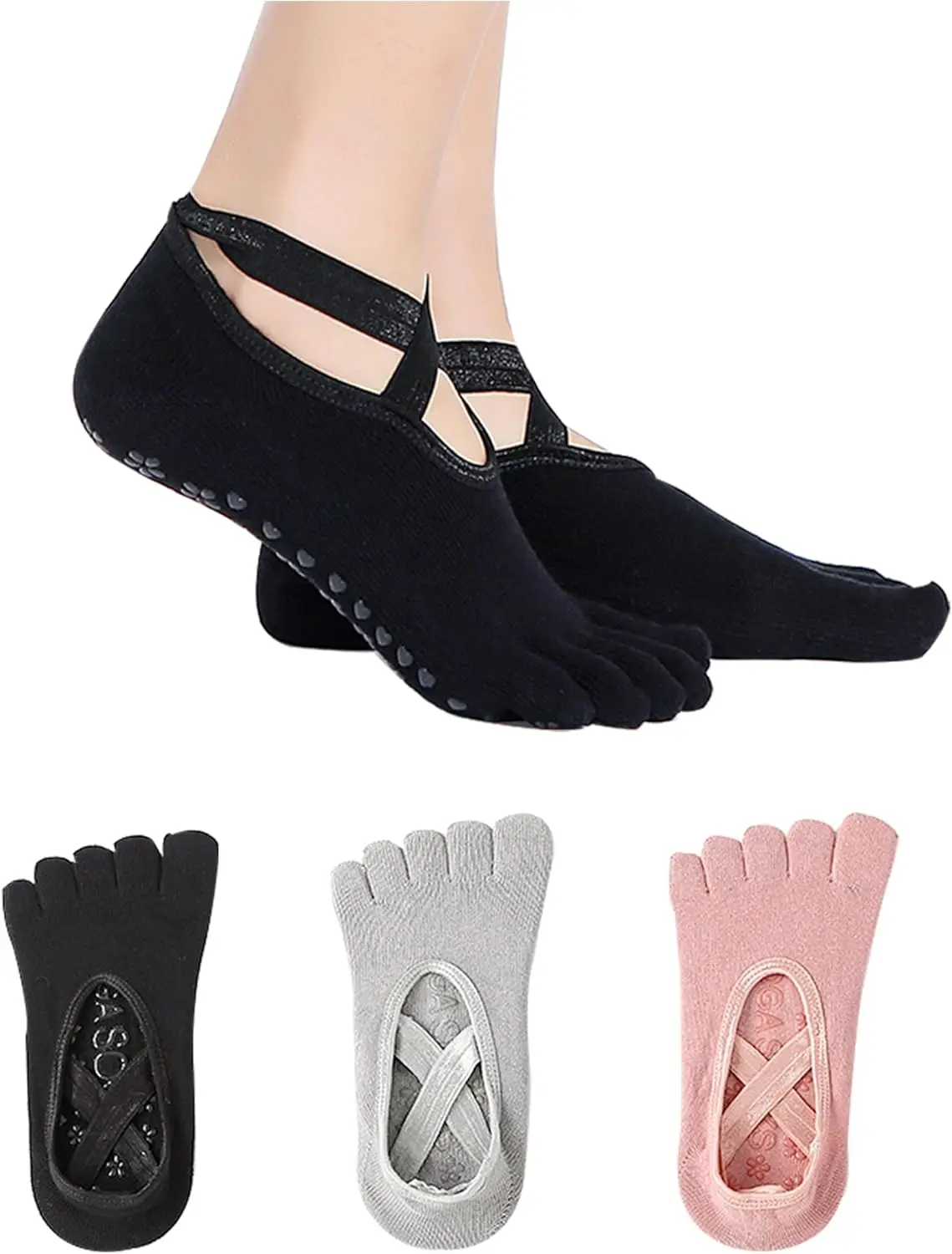 Pilates Socks with Grips for Women, Non Slip Toe Grip Socks Pilates with Straps, Grippy Sock for Yoga Size 5.5-11