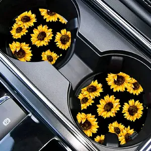 Cute Women's Sunflower Car Coasters 2pc - Yellow Floral Design for Vehicle Cup Holders