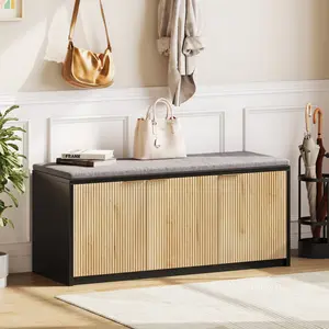[Bellemave] 2-Tier Shoe Storage Bench with 3 Doors & Adjustable Shelf, Removable Padded Seat Cushion, 41.3" Entryway Bench for Living Room, Bedroom, Hallway – Wood Grain & Black Modern Farmhouse Design On-Site