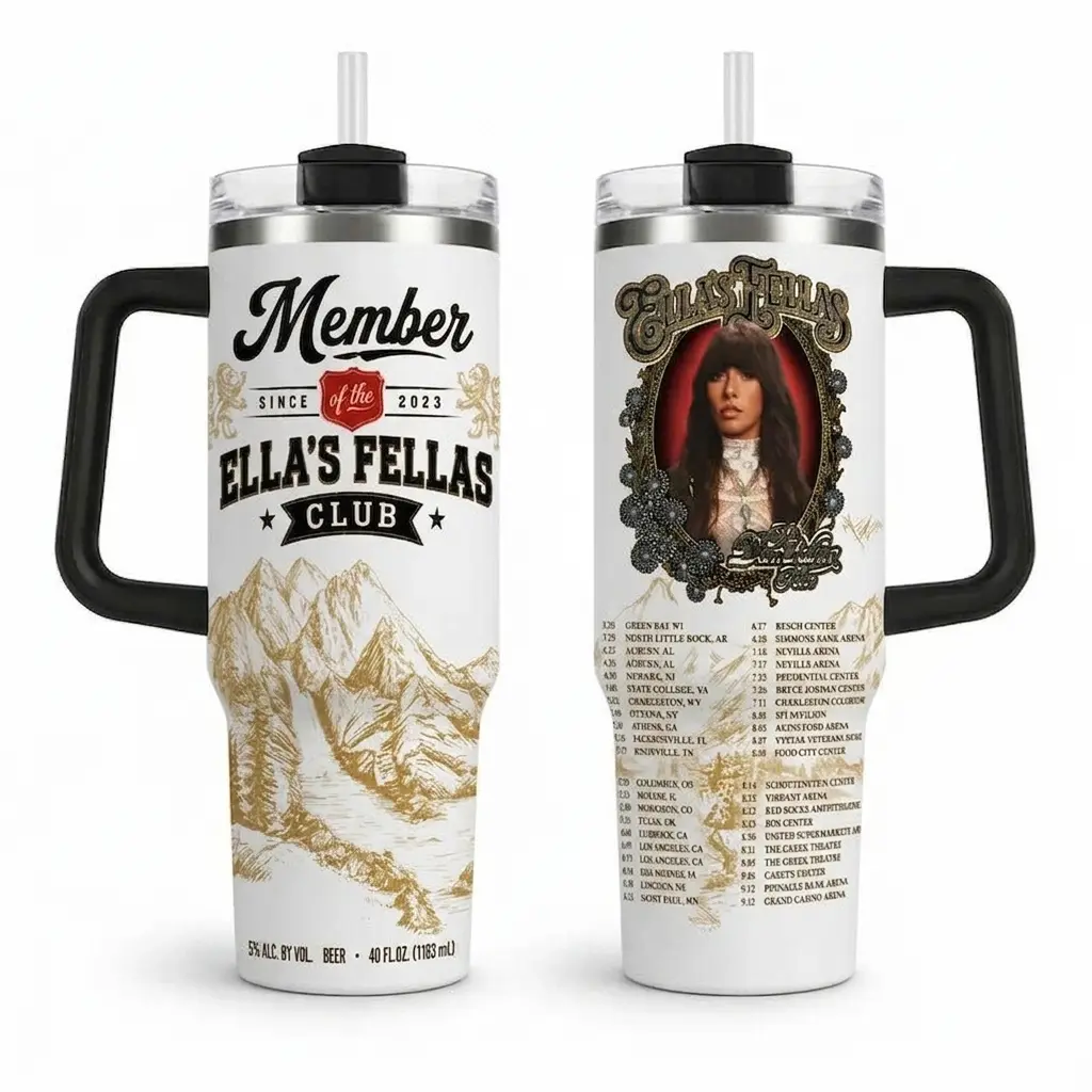 Ella’s Fellas Club Tumbler 30oz 40oz With Handle, Vintage Country Music Fan Cup With Tour Dates Artwork, Western Concert Travel Drinkware Gift, Not Including The Straw Water Bottles Bottles