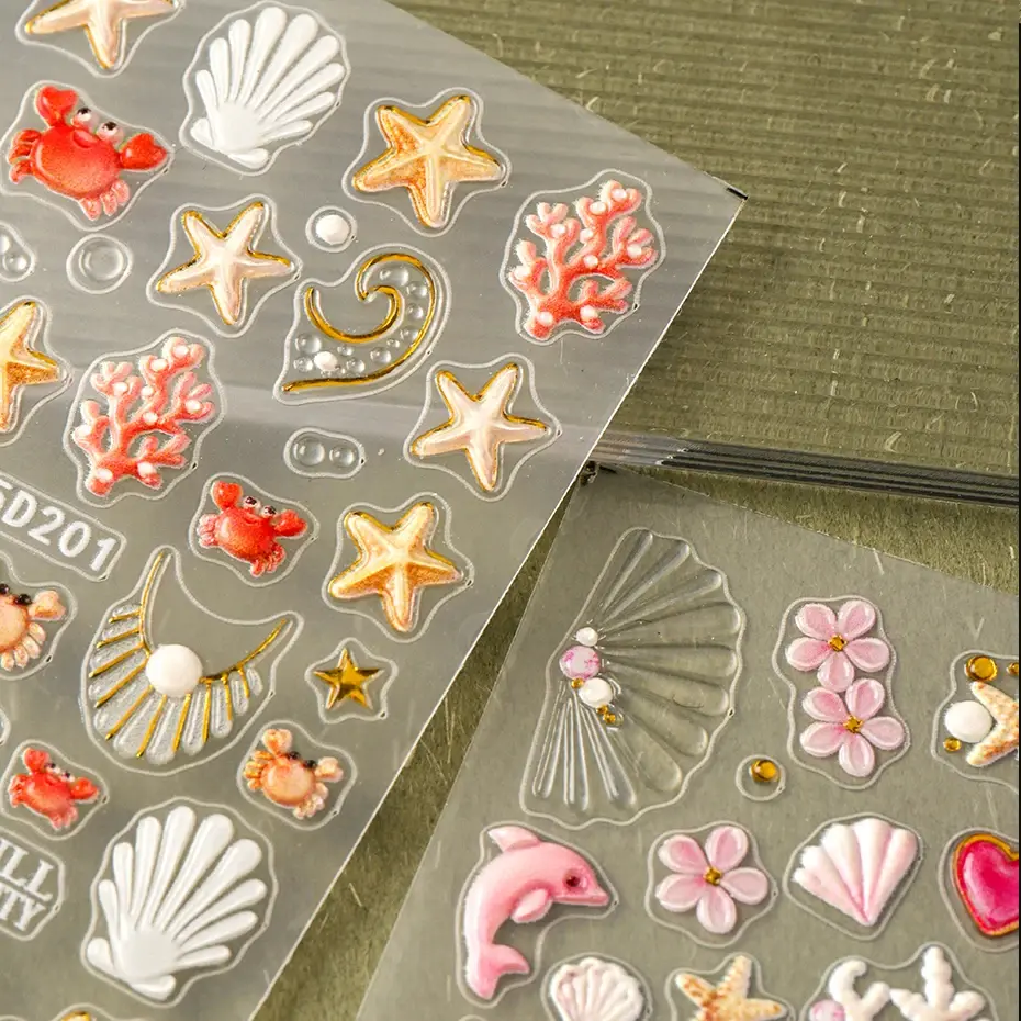 2pcs 5D Embossed Ocean Nail Art Stickers 3D Decals Starfish Coral Seashell Dolphin Crab Summer Beach Nail Decorations Manicure