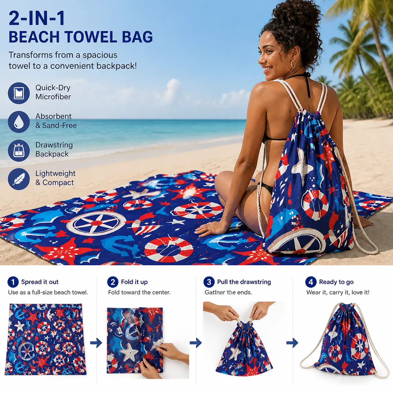 2-in-1 Convertible Dry Beach Towel Backpack - Oversized No-Sand Quick-Dry Mat, Drawstring Bag for Pool, Travel, Dry Beach Towels, No-Sand Beach Towels