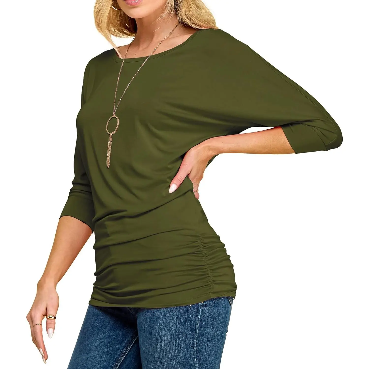 Women's Ready-to-Wear Comfy Casual Draped Lightweight Dolman Blouse - Boat Neck, 3/4 Ribbed Sleeves, Side Shirring, Stretch Fabric, Assorted Styles, Hand Wash Only, Line Dry, All Seasons, Pair with Bottom