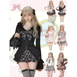 Japanese Sweet Preppy Style 2 Piece Set Women Kawaii Lace Patchwork Bow Tops + Y2k Plaid Mini Skirt Elegant Fashion Outifits New