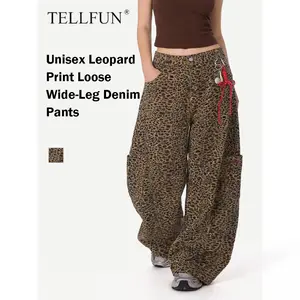 Unisex Y2K Leopard Print Baggy Barrel Cargo Pants High Waist Streetwear Casual Loose Fit Trousers with Red Keychain Detail breathable workout black sweatpants