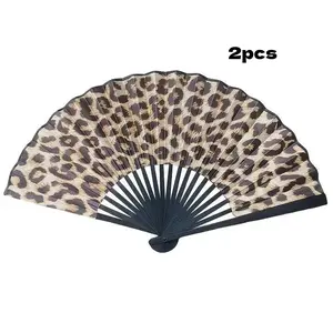 2PCS Vintage Chinese Leopard Print Folding Fan, Hanfu Cheongsam Ma Mian Skirt Accessories, Portable Summer Dance Photo Prop Hand Fan