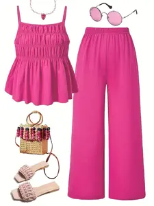 Two-piece Matching Set Women's Solid Color Fitted Sleeveless Cami Top & Wide Leg Pants Set, Elegant Cute Fashion Casual Two-piece Outfits for Daily Outdoor Wear, Ladies Clothes for Summer