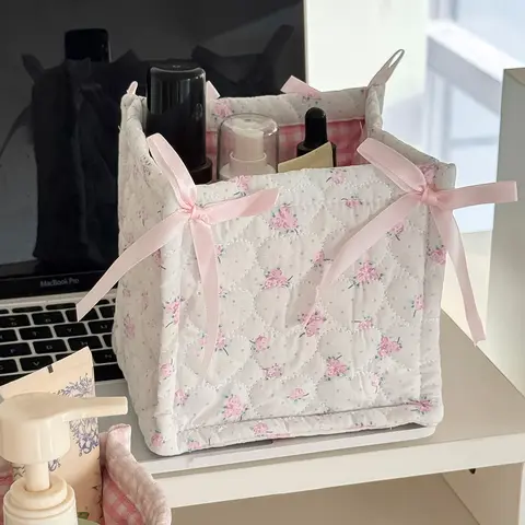 Quilted 3D Heart Stitching Cloth Basket with Bow - Cute Bear Floral Polyester Washable Storage Basket, Room Organizer for Girly Desktop Cosmetics, Home Decor (Space Saving Organizers, Storage for Organizing Functional Toiletry Bag)