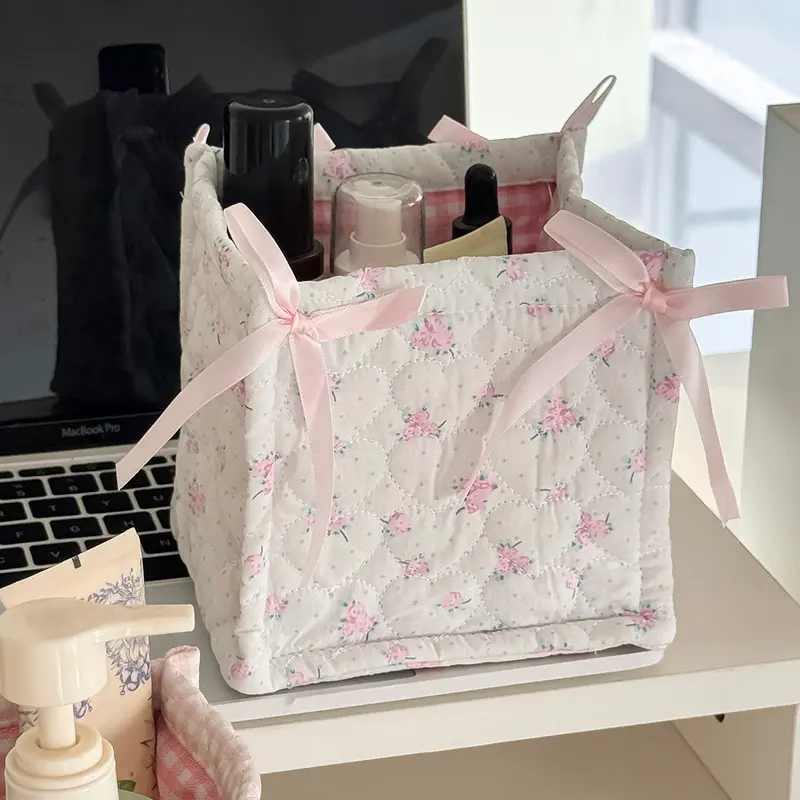 Quilted 3D Heart Stitching Cloth Basket with Bow - Cute Bear Floral Polyester Washable Storage Basket, Room Organizer for Girly Desktop Cosmetics, Home Decor (Space Saving Organizers, Storage for Organizing Functional Toiletry Bag)