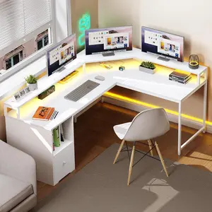 L Shaped Desk with Drawer & 3 Cubbies Storage Shelves, 67" Corner Computer Desk with Power Outlets & LED Lights, L-Shaped Office Desk with Monitor Stand, White