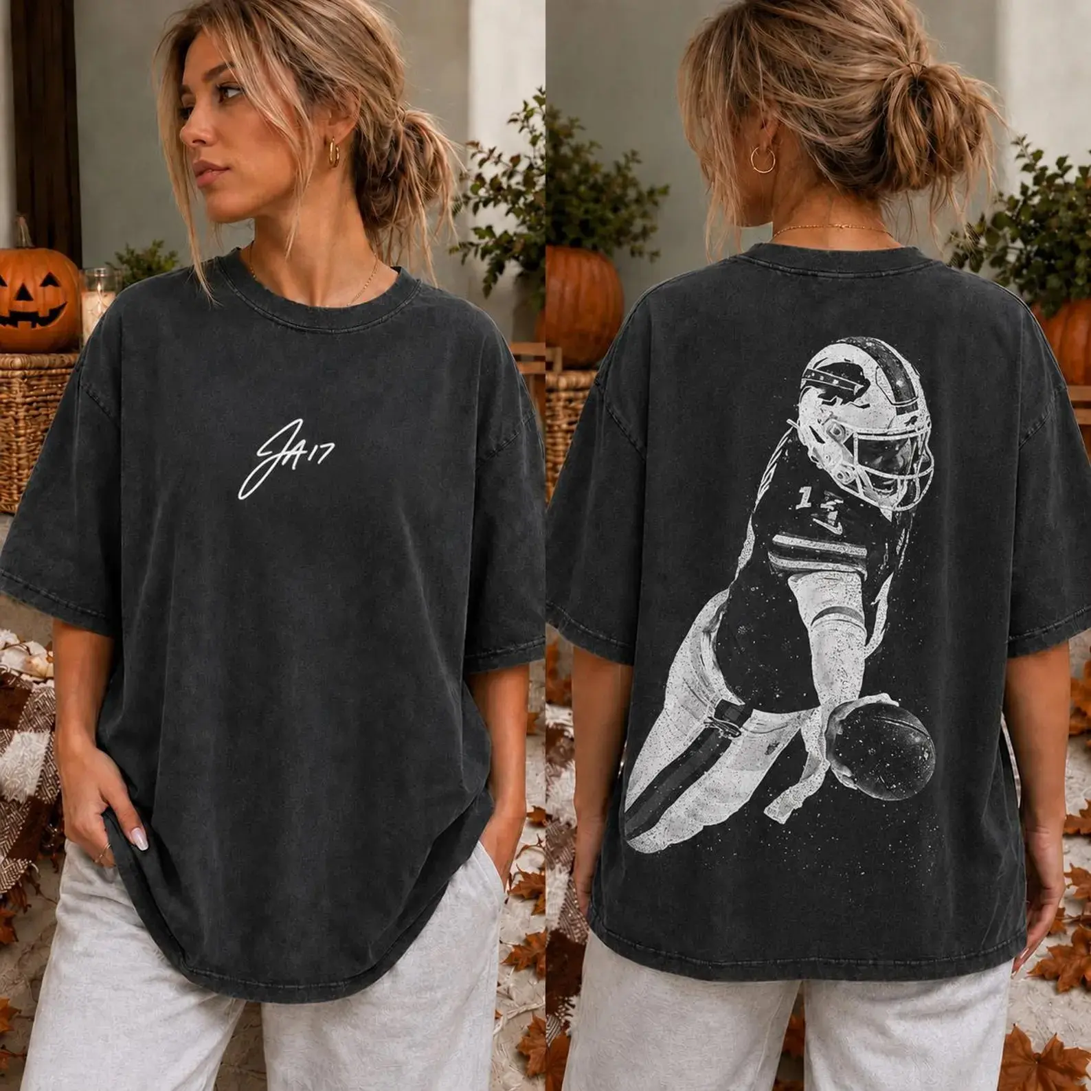 Josh Allen #17 Double Sided Lightning Graphic Custom Football T-Shirt, Washed Cotton Fan Gift Tee