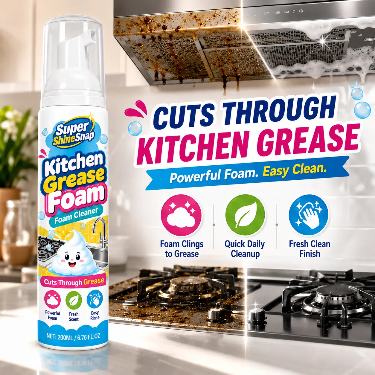 Fast Foam Kitchen Grease Cleaner, Multi Purpose Foaming Cleaner for Stovetop, Sink, Tile, Countertop & Grease Build-Up, Easy Daily Cleaning Spray for Busy Families and First Apartment Kitchens