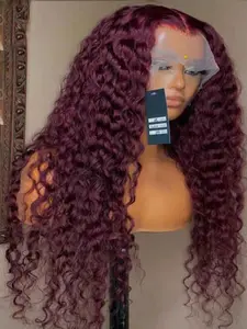 Wine Red Soft 26-Inch 180 Density Deep Curly Wig, 99j Burgundy Heat Resistant Synthetic Hair, Glueless Pre-Attached Front Piece, Daily Wear