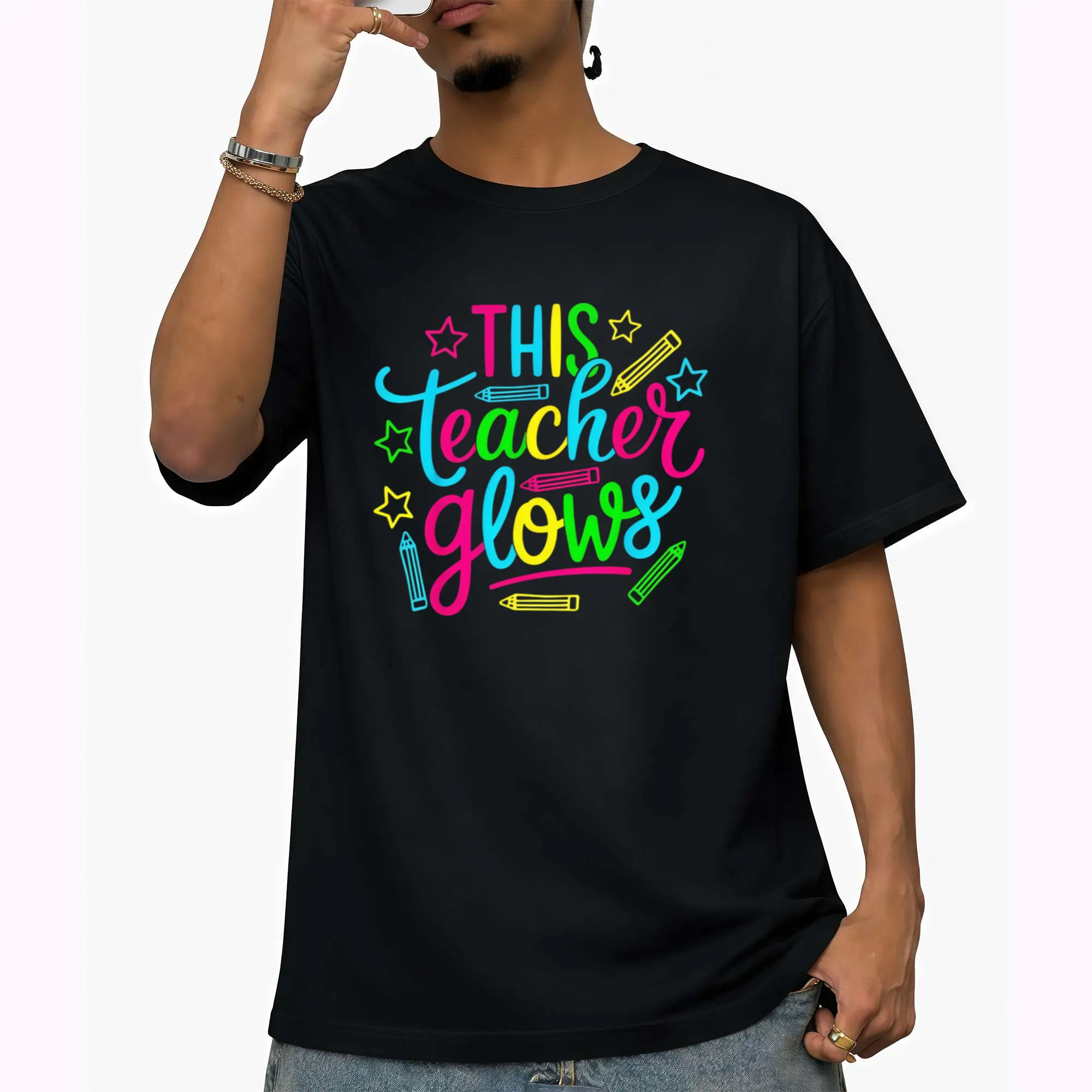 Glow-in-the-Dark Neon Teacher T-Shirt - 80s 90s Retro Glow Up Party Outfit, Glowable for all-Season, Loose Fit Round Neck Tee for Men Themed Events & Parties - Nostalgic Glowtooth suitable for teachers Menswear Tops