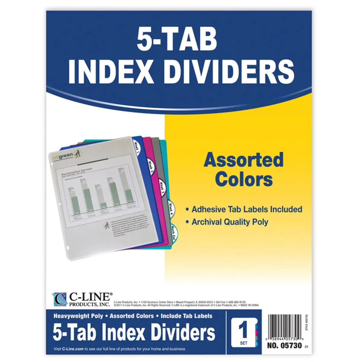 212 MAIN Archival Quality Poly 5-Tab Index Dividers, Assorted Colors, 5 Standard Tabs, Office Stationery Supplies, Ring Binder Compatible, Home Office Accessories - Pack of 12