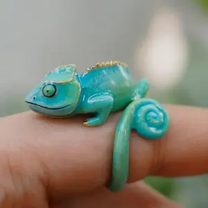 Cute Chameleon Blue Enamel Ring for Women and Men, Fun Animal Jewelry for Party or Gift