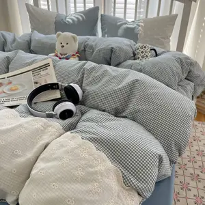 Sophia Gingham Lace Washed Cotton Bedding Set / Blue