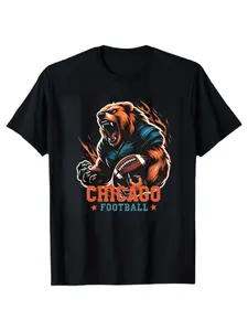 Men's unisex casual Chicago Football Bear Mascot Tee | Fiery Bear & Football Print, Soft Cotton, Perfect for Bears Fans & Game Days