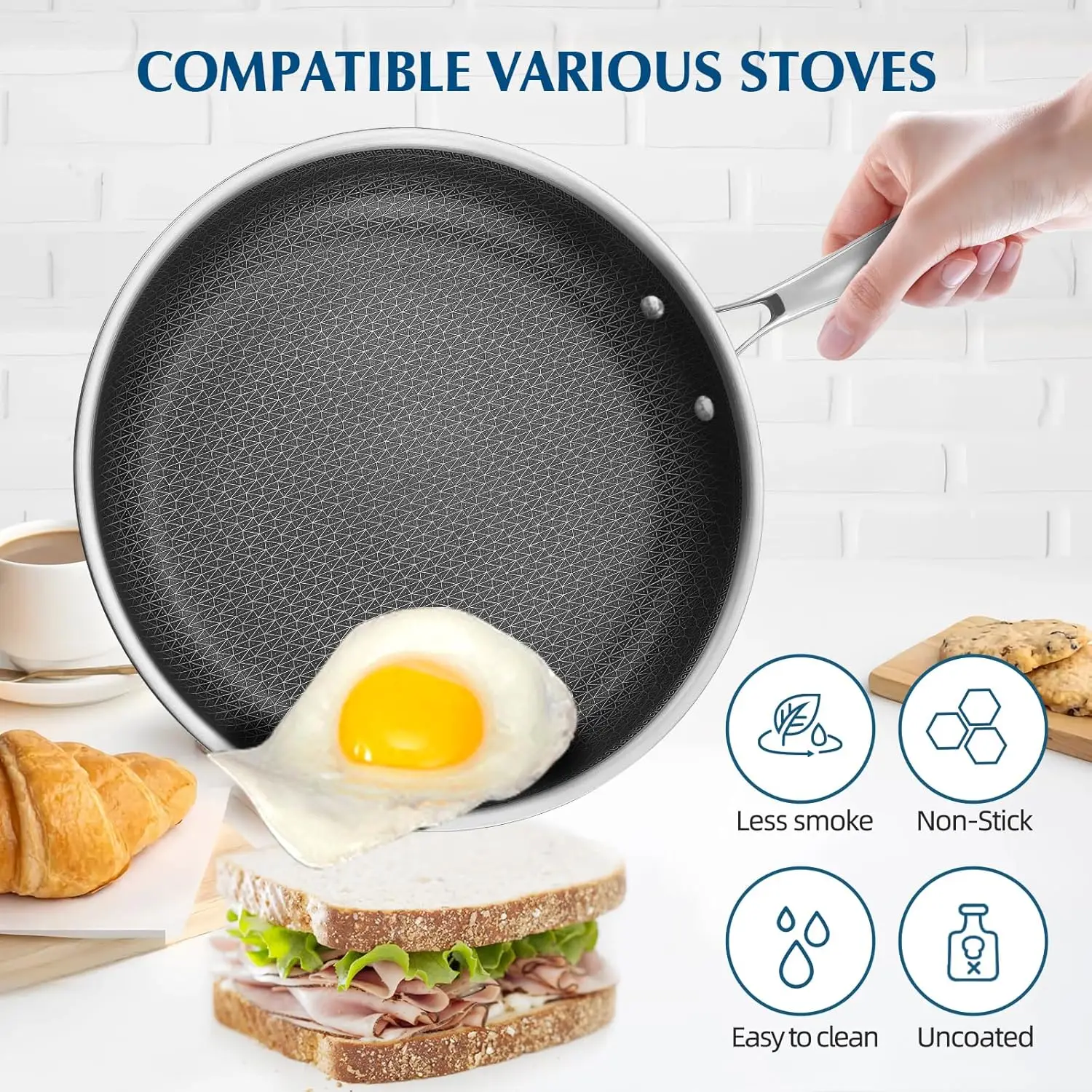 11.8 Inch 316 Stainless Steel Frying Pan with Lid – Tri-Ply Honeycomb Nonstick Skillet for Eggs and Omelets – PFOA Free Healthy Cookware for All Stove