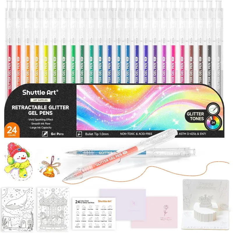 Shuttle Art Glitter Gel Ink Pens - 24 Pack Glitter Colors, 1.0mm Bold Point Colorful Precision Retractable Pens, Acid-Free Long-Lasting Smooth Write, Office Stationery for Adults Coloring, Party Invites Back-to-School Gift Set