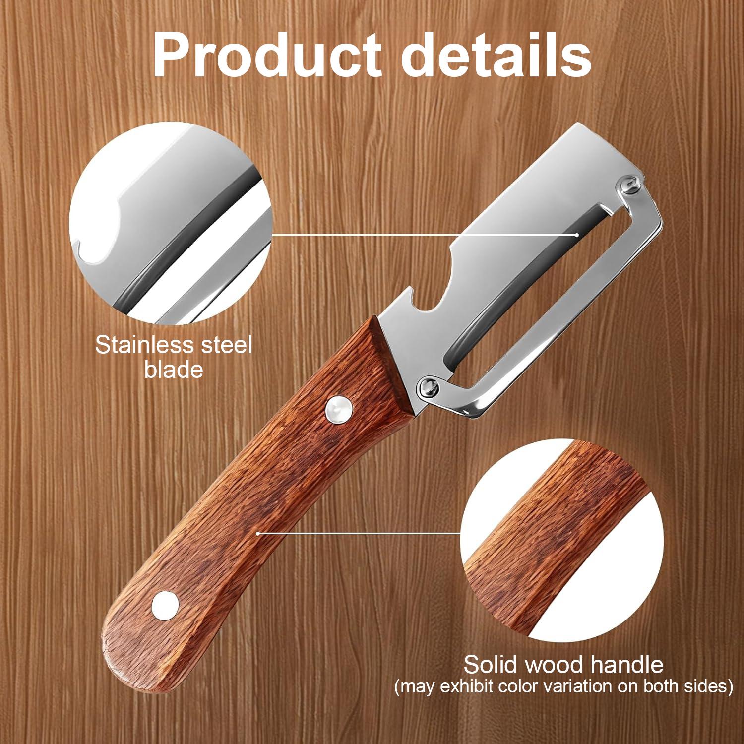 2-in-1 Peeler with Bottle Opener | Sharp Stainless Steel Fruit & Veggie Peeler, Wooden Ergonomic Non-Slip Handle