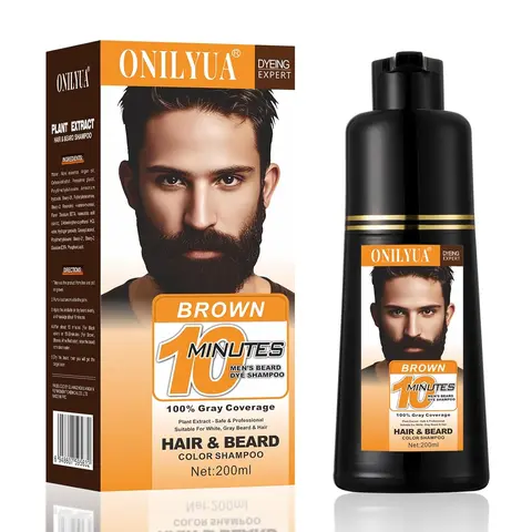 Men's Plant-Based Argan Oil 3-in-1 Dye Shampoo & Conditioner - Dark Brown Hair Dye, 10-Min Instant No Bleach At-Home Haircare, Gentle Formula, Gray Coverage, 3-4 Weeks Long-Lasting, 6.8 Fl Oz (For Normal & Curly Hair Adults)
