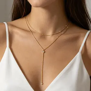 Lariat Gold Long Necklaces for Women Trendy, Dainty 14K Gold Plated Drop Chain Necklace, Layered Rosary Beaded Y Necklaces Summer Beach Jewelry Gifts