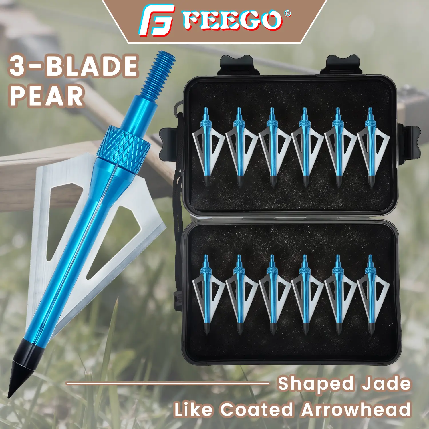 FEEGO 12pcs Archery Broadheads - 3 Fixed Anodized Aluminium Steel Blades, 100 Grain Hunting Arrowheads, Consistent Weight & Precision, Fit for Compound Bow, Portable Outdoor Archery Accessories with Storage Case, Arrows, Solid, 100 Grain Broadheads, Shoot