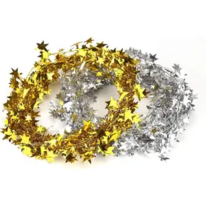 50FT Star Tinsel Garlands with Wire Christmas Star Wire Garland Decorations for Xmas Tree Home Wedding Birthday Party Festive Ornament Golden and Silver 2 Pack