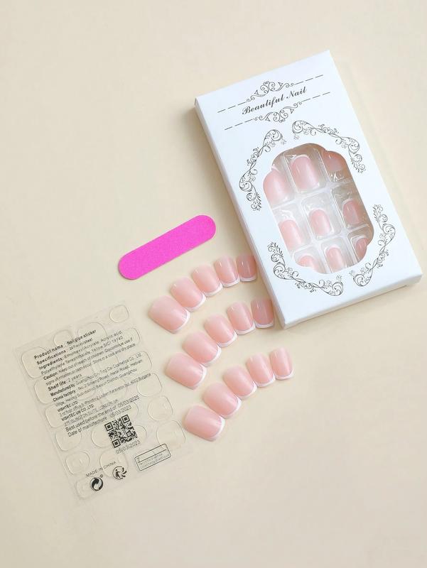 24-Piece Short Square Press-On Nails with White French Tips - Cute & Reusable Nail Art Set for Women