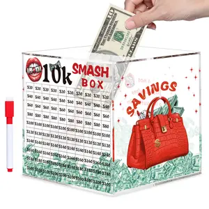 10k Smash Box for Money, Large Piggy Bank for Adults 10000 Savings Challenge Box, Money Saving Box for Cash, Big Unbreakable Clear Acrylic Money Saver Must Break to Open