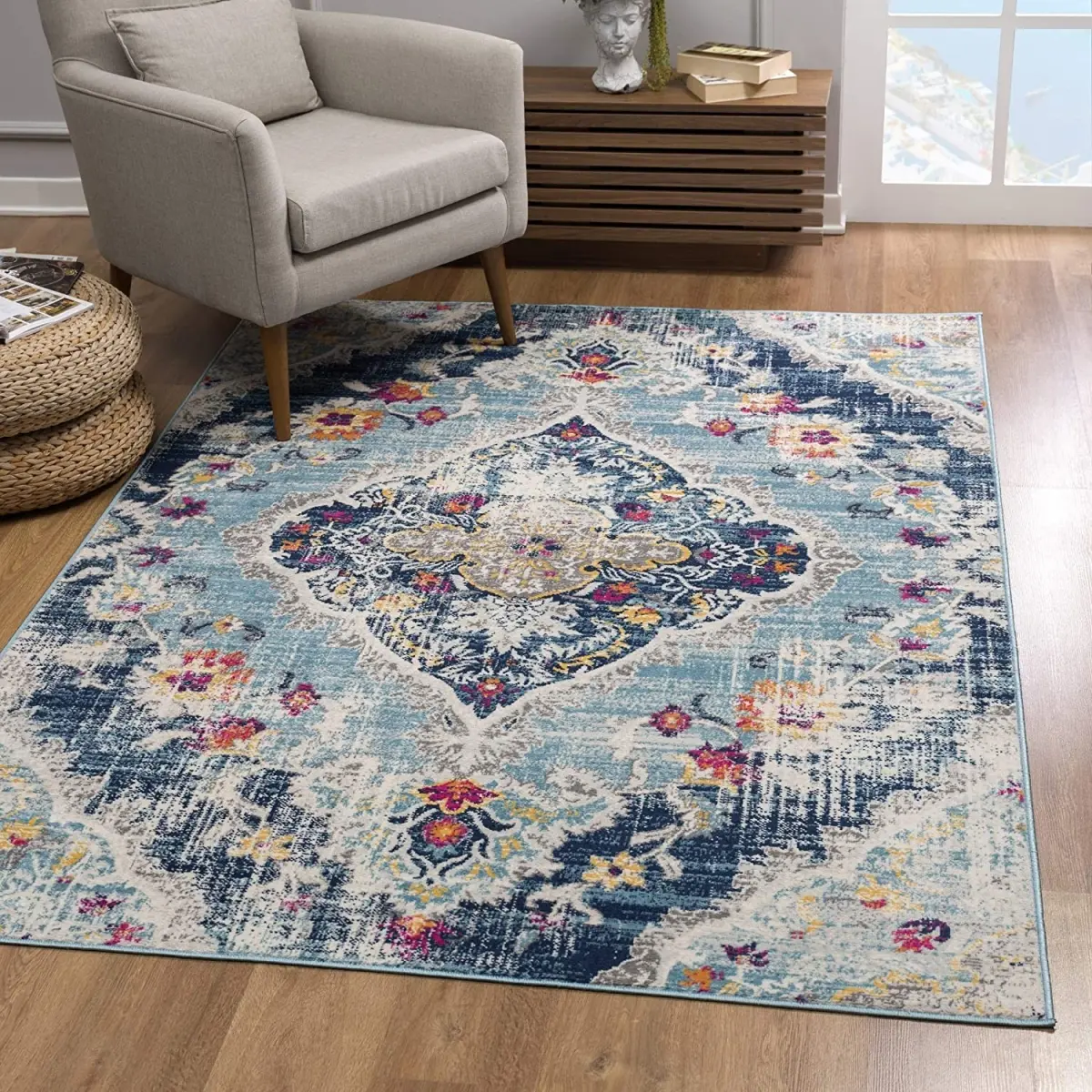 HomeRoots Decorative Low Pile Area Rug, 8 x 11 ft. Blue Distressed Medallion Household Textile Carpet, Decorative Area Rug, Low Pile Rugs